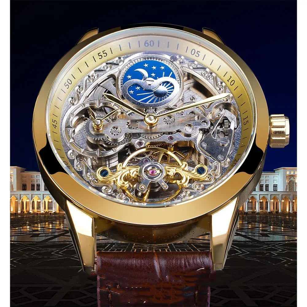 Mechanical Skeleton Watch with Moon Phase Display - YAXSO