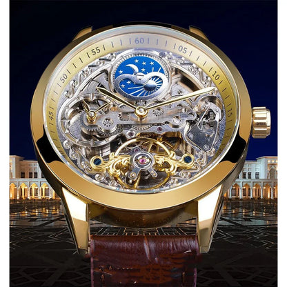 Mechanical Skeleton Watch with Moon Phase Display - YAXSO