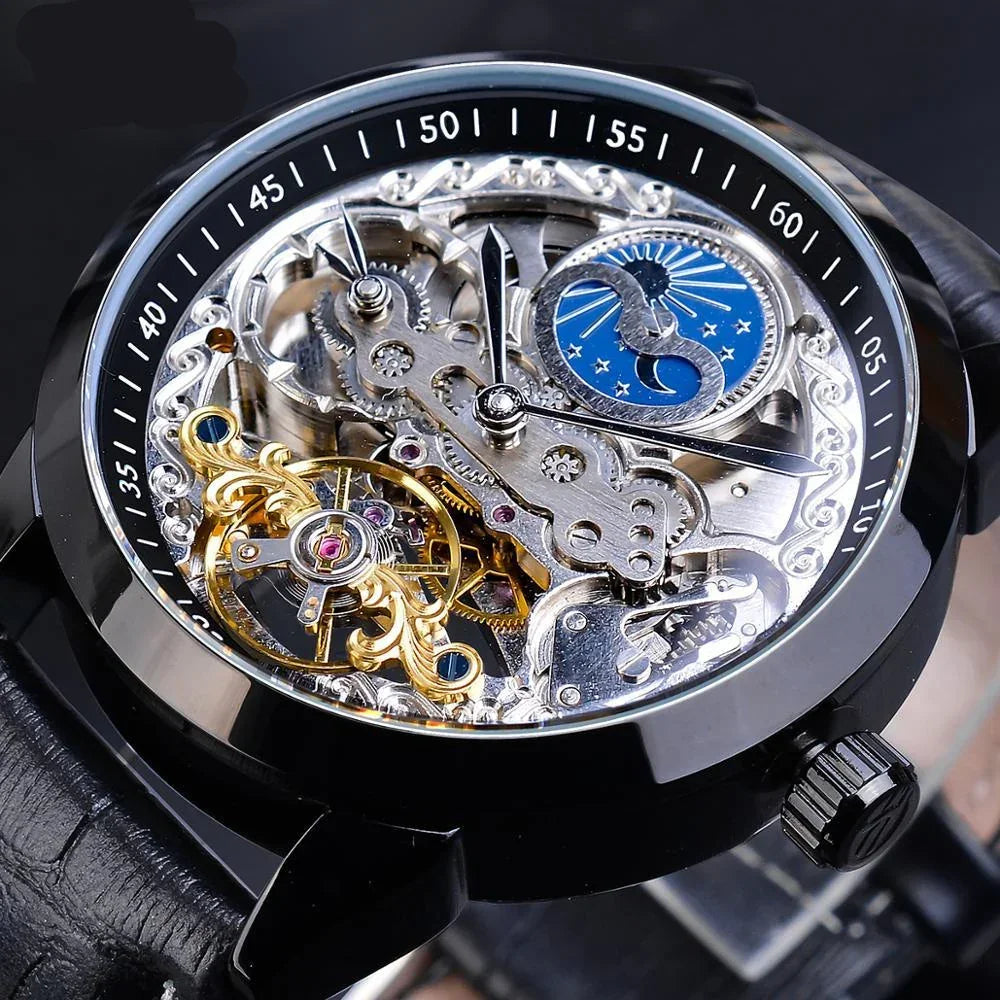 Mechanical Skeleton Watch with Moon Phase Display - YAXSO