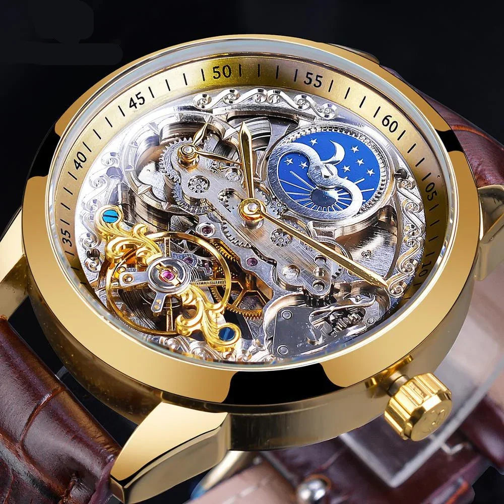 Mechanical Skeleton Watch with Moon Phase Display - YAXSO
