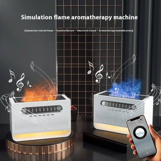 White desktop Bluetooth speaker with simulated flame light effect and app control phone