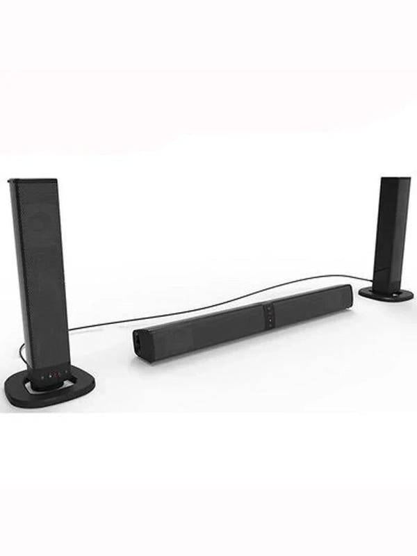 Black Bluetooth TV soundbar with two detachable tower speakers on base stands