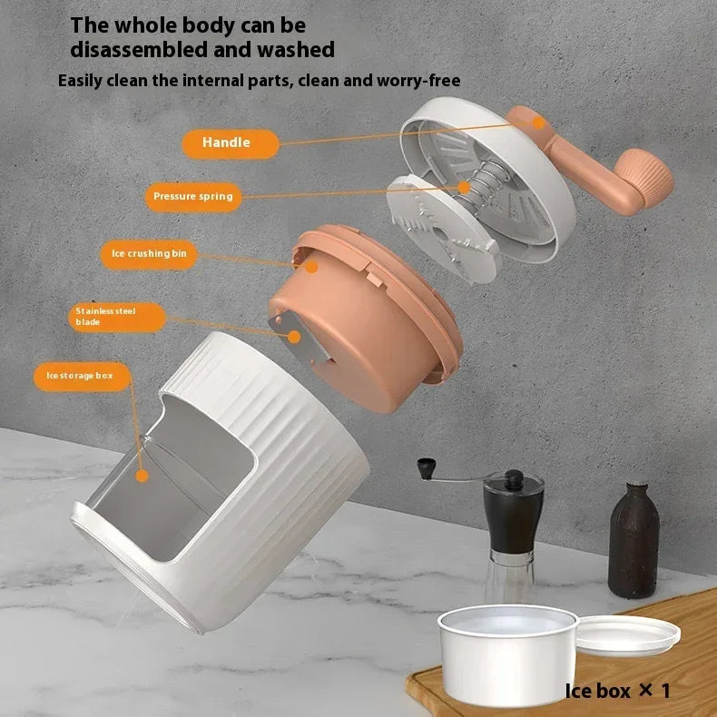 Ice crusher disassembled parts: handle, pressure spring, ice bin, blade and base parts