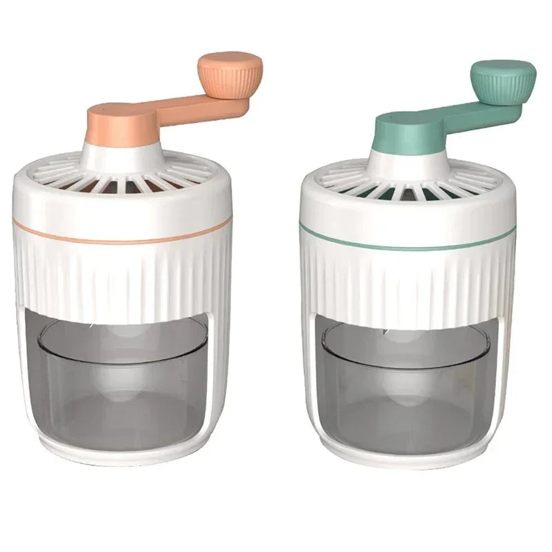 Manual ice crusher pair, white bodies with orange and mint top parts, crank handles