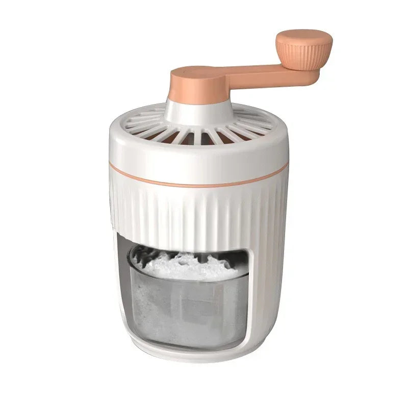 Hand-cranked ice crusher with orange crank handle, white ribbed body, clear ice bin