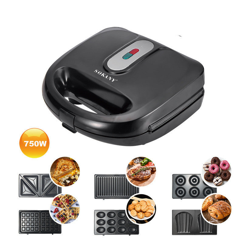 Black 6-in-1 electric sandwich maker with 750W badge and plate options