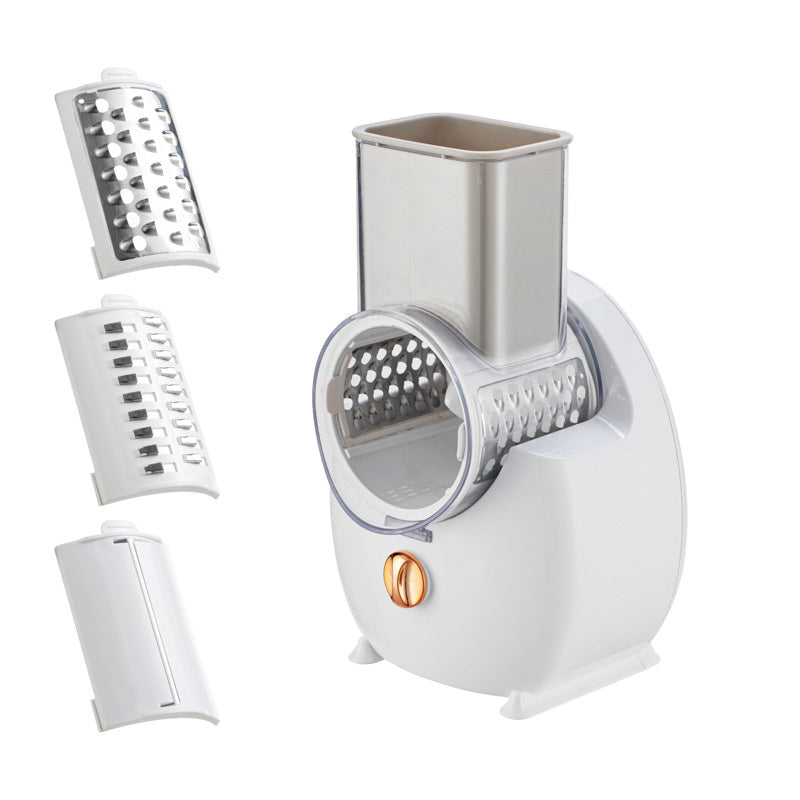 White manual rotary cheese grater with three interchangeable metal grating drums. YAXSO STORE UAE