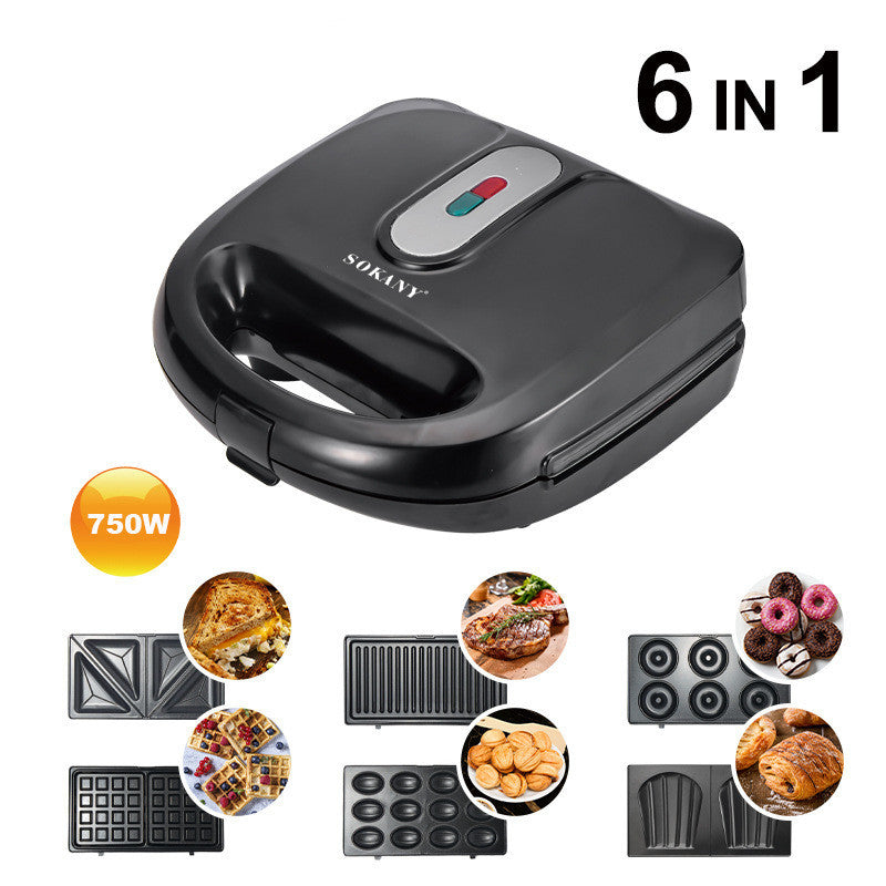 Black 6-in-1 electric sandwich maker, closed with indicator light on top