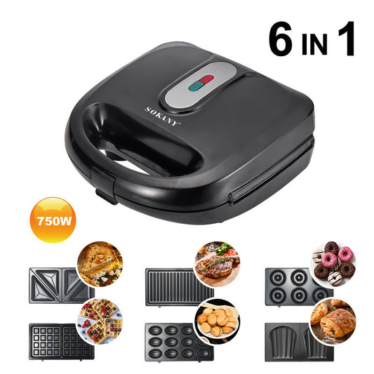 Black Sokany 6-in-1 appliance with various attachments on a white background