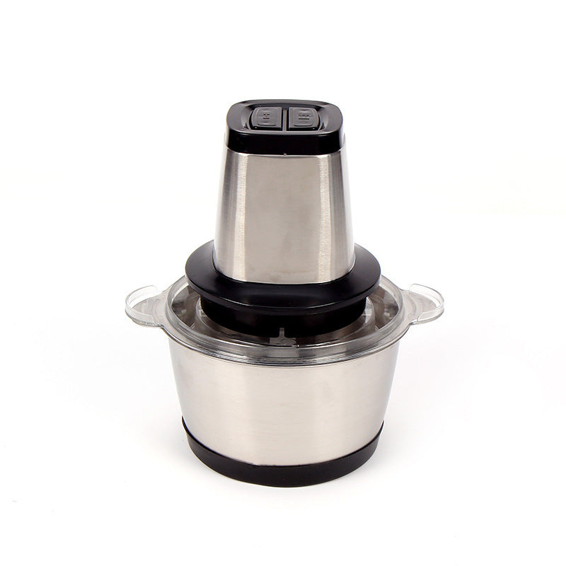 Electric food chopper with stainless bowl, black base, and control top