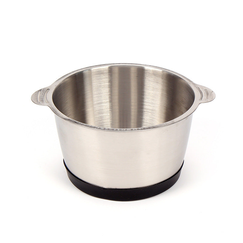 Stainless steel food chopper bowl with handles and black base ring