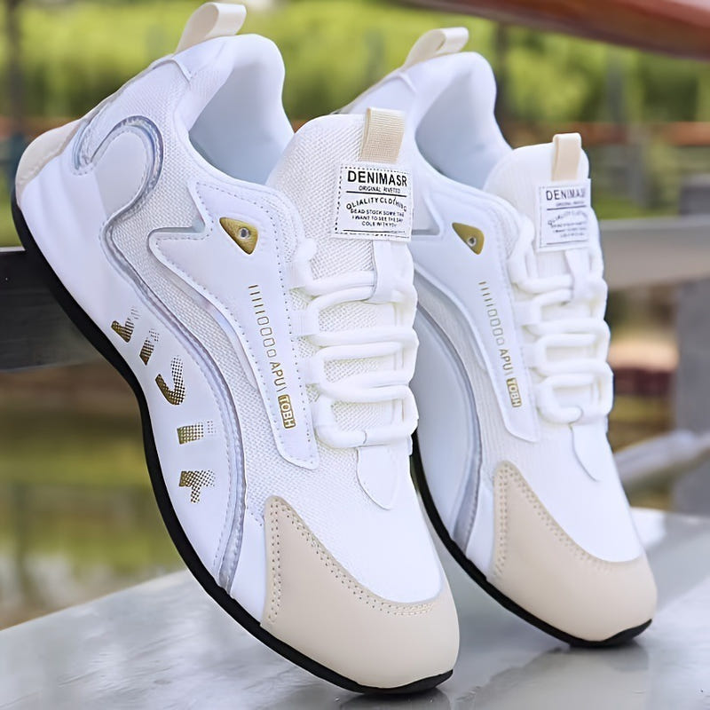 Men's lightweight PU sneakers, white with beige panels and light gray trim