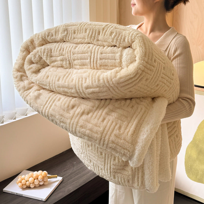 Tan plush velvet throw blanket with textured stripe pattern and soft sherpa edge, folded