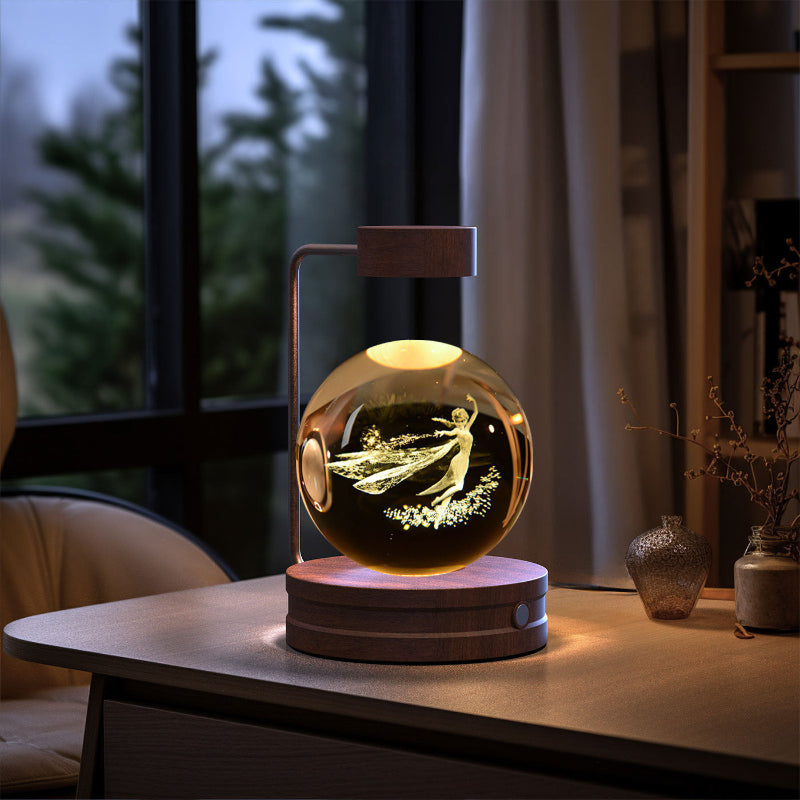 Glowing LED crystal ball night light with dolphin scene inside wooden base and arched handle