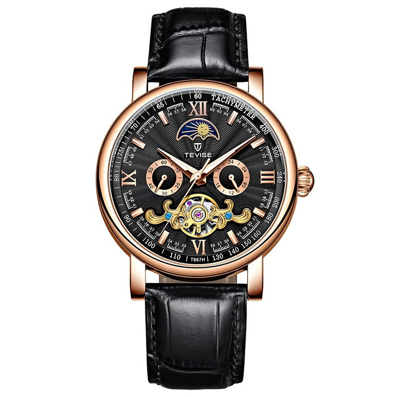 Luxury watch with black leather strap and detailed face YAXSO UAE ONLINE STORE