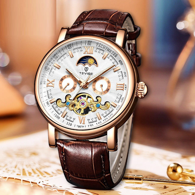 Luxury watch with brown leather strap and detailed face YAXSO UAE ONLINE STORE