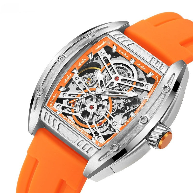 Watch with orange strap and silver skeletonized face YAXSO UAE ONLINE STORE
