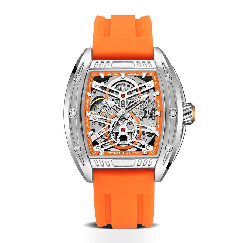 Watch with orange strap and silver case . YAXSO UAE ONLINE STORE