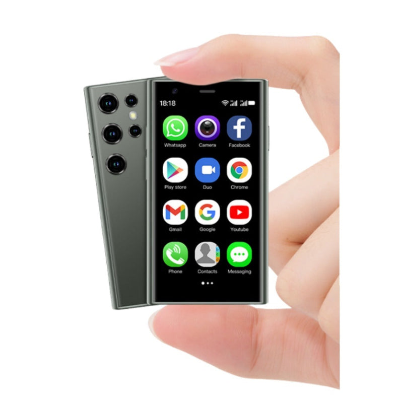 Mini Android smartphone with dark front screen and greenish-gray back, quad rear cameras