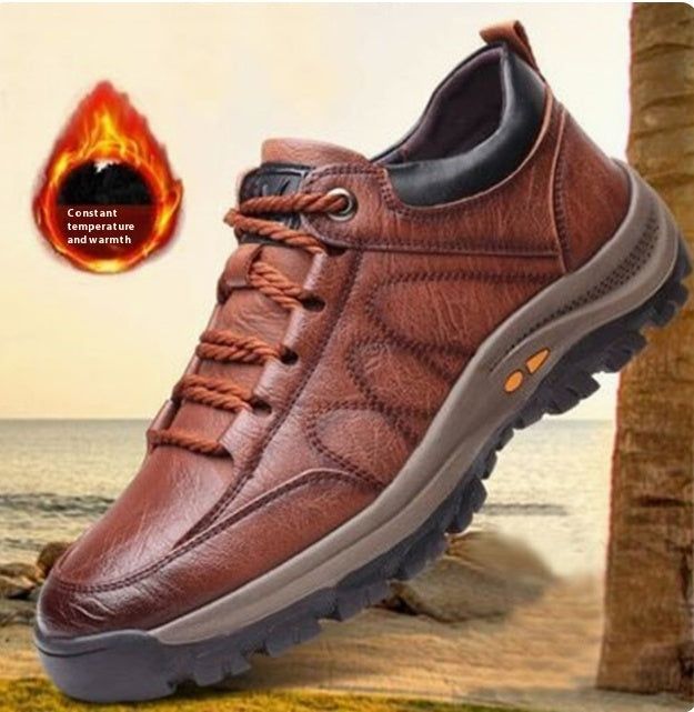 Men's leather hiking shoes in brown, lace-up sneaker with thick outsole and side orange mark