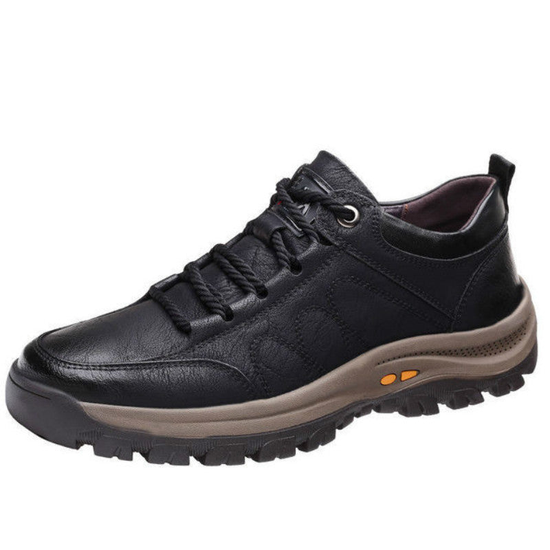 Men's leather hiking shoes in black, lace-up sneaker with grippy tread sole