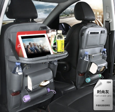 Gray PU leather car seat back organizer with tray, tablet holder, and bottle storage pouches