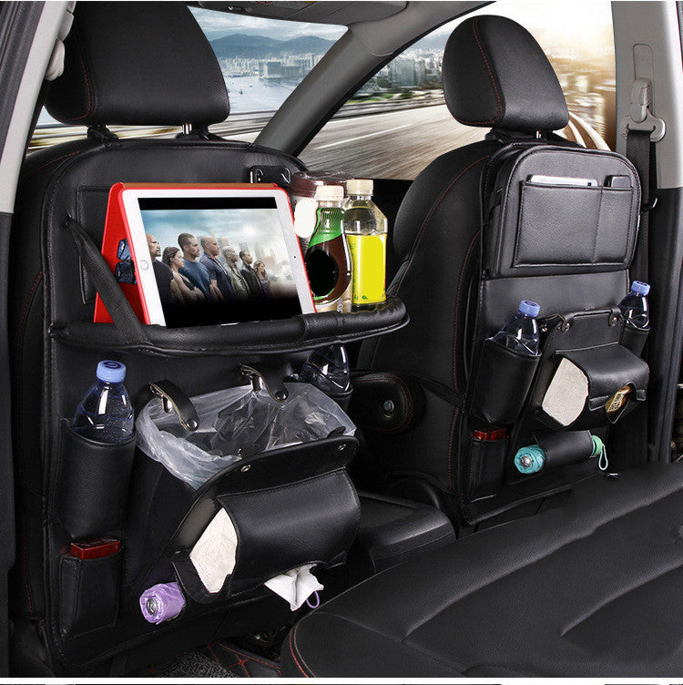 Black PU leather car seat back organizer with tray, tablet pocket, and drink storage pouches