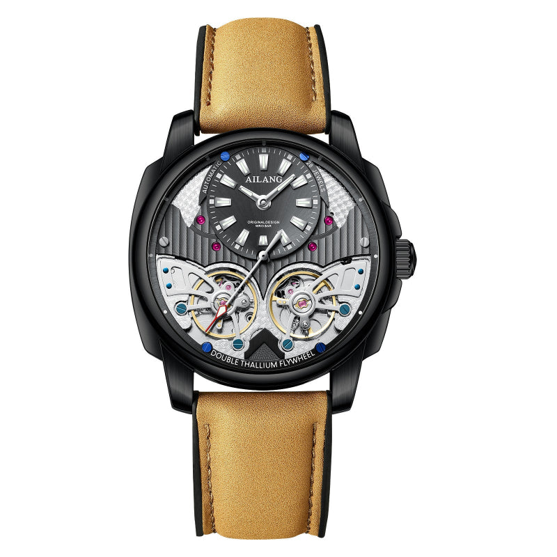 Watch with a brown leather strap and visible brand name on a white background