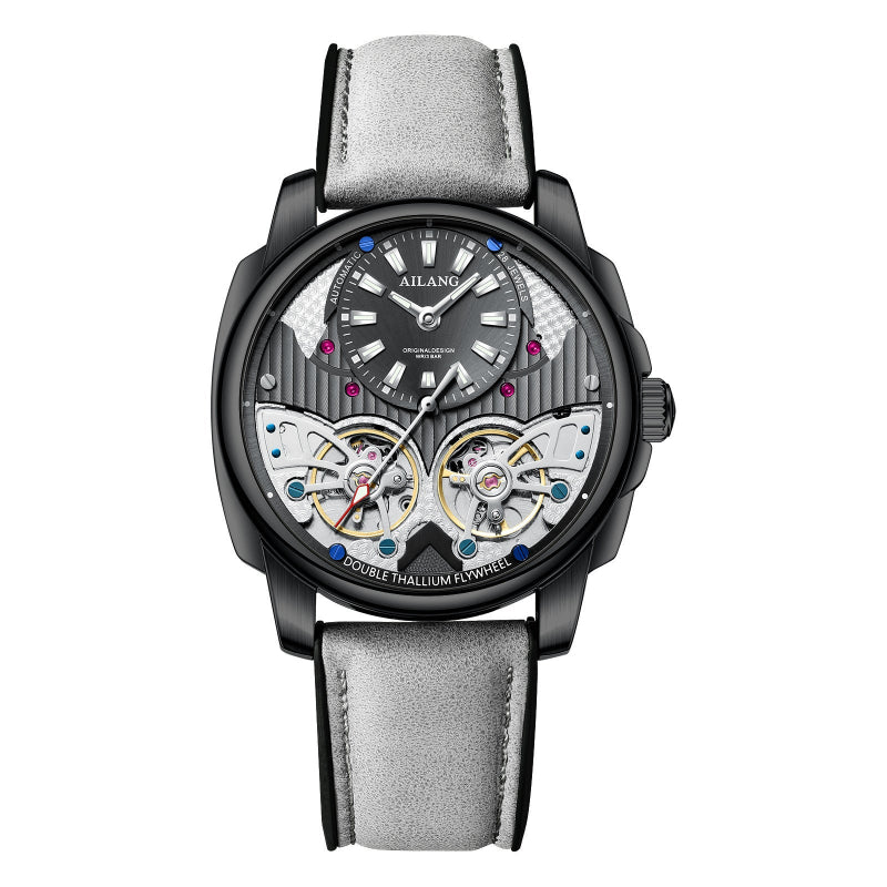Watch with gray strap and black dial on a white background