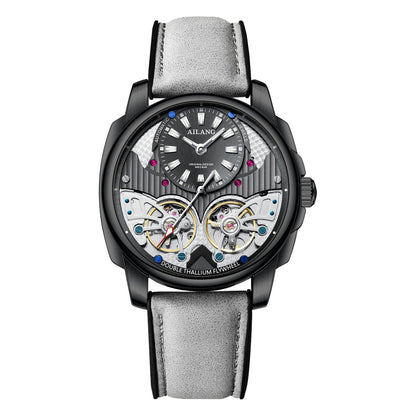 Watch with gray strap and black dial on a white background