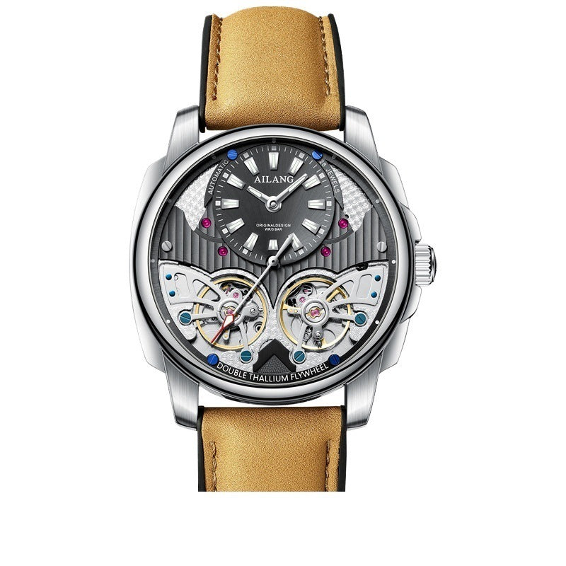 Watch with a brown leather strap and visible brand name on a white background