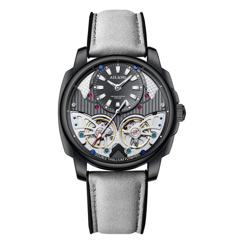 Luxury watch with gray strap and visible brand name on a white background