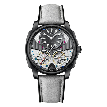 Luxury watch with gray strap and visible brand name on a white background
