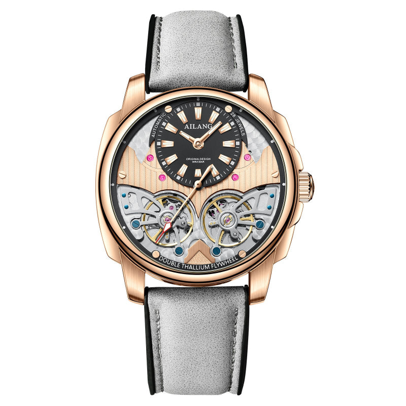 Luxury watch with a transparent case, rose gold case, and gray leather strap on a white background