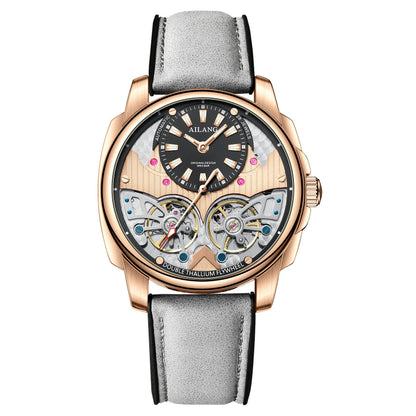 Luxury watch with a transparent case, rose gold case, and gray leather strap on a white background