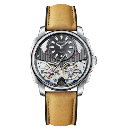 Watch with a brown leather strap and visible brand name on a white background