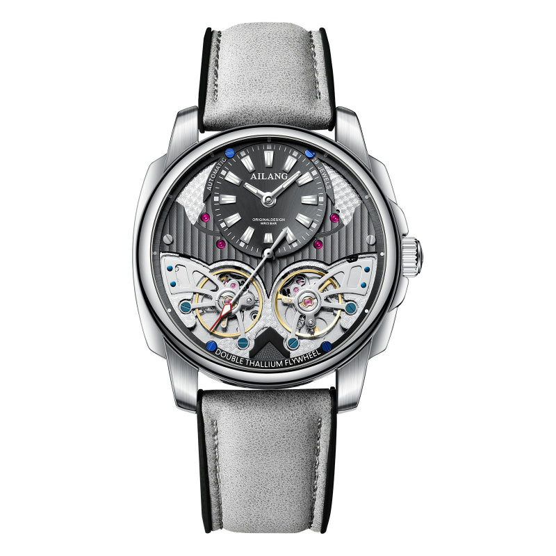 Luxury watch with a gray strap and visible brand name on a white background