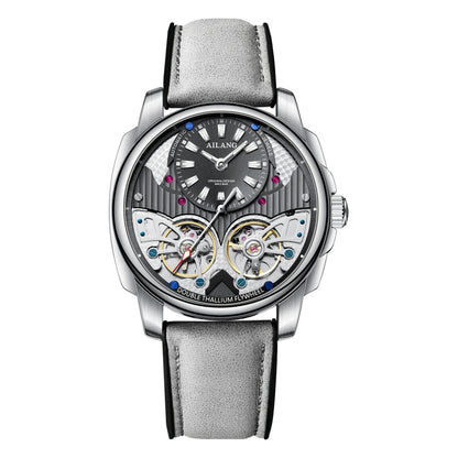 Luxury watch with a gray strap and visible brand name on a white background