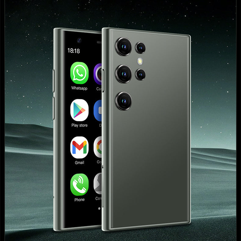 Mini Android smartphone with gray back and black front display, quad rear cameras