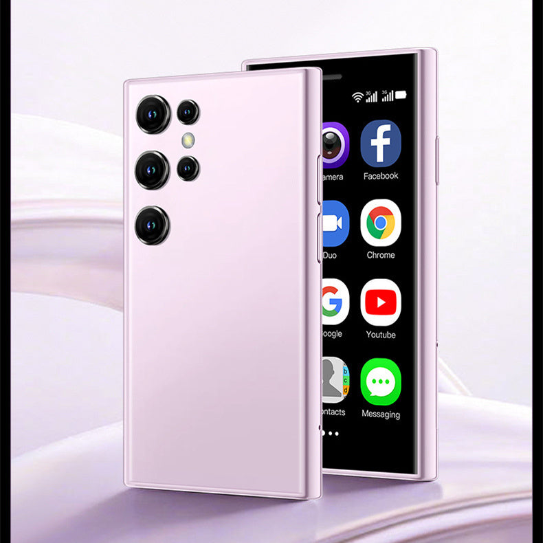 Mini Android smartphone with pink back and front display, quad rear cameras