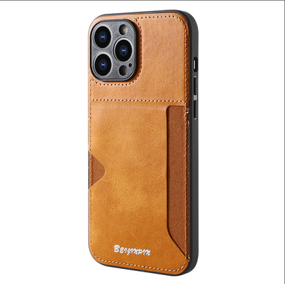 Brown phone case with card holder on a white background