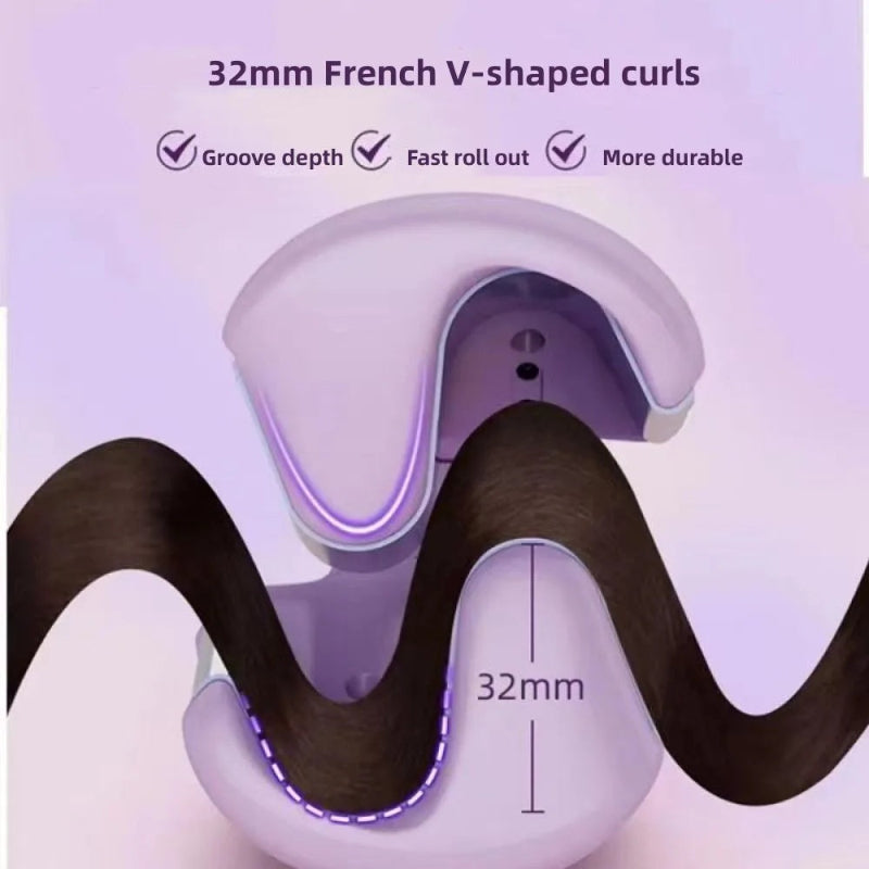 Deep wave curling iron with 32mm marking on the barrel base and curved channel