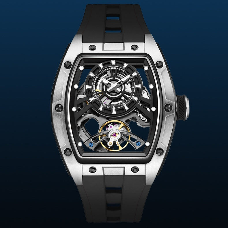 Barrel-shaped transparent automatic mechanical watch with black rubber band and silver case