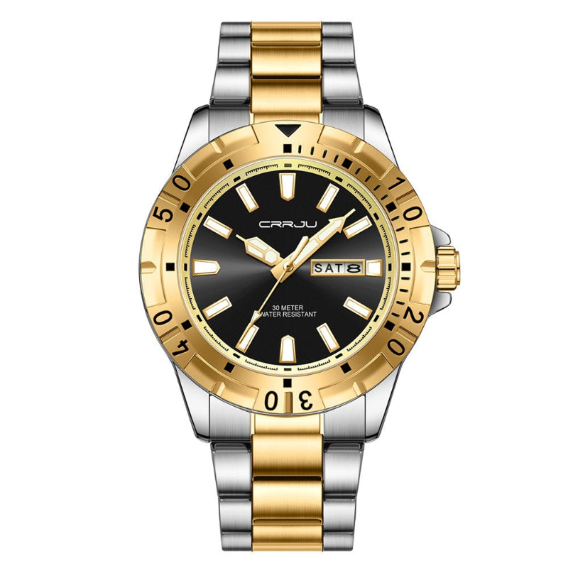 Two-tone gold and silver multifunction quartz business watch with dark dial, SAT8 window