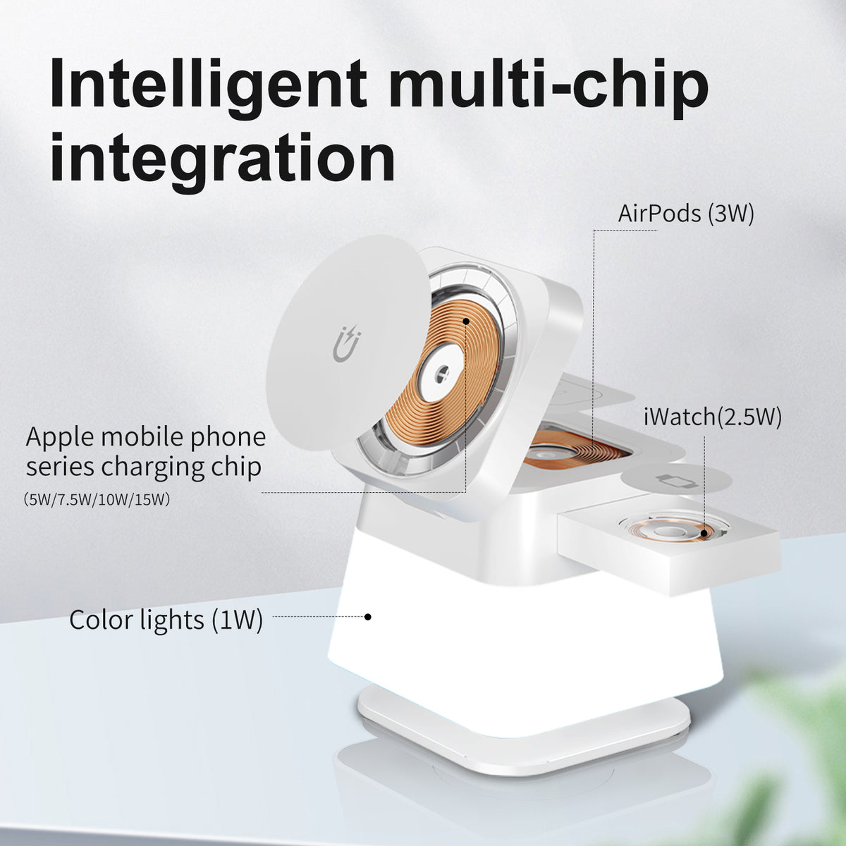 4-in-1 wireless charging station with circular coil base and RGB indicator lights