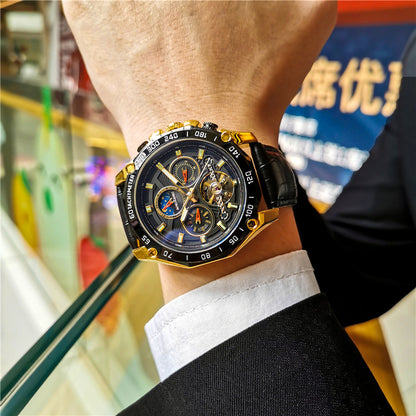 Men's automatic mechanical watch with black dial, gold bezel accents, and black leather strap