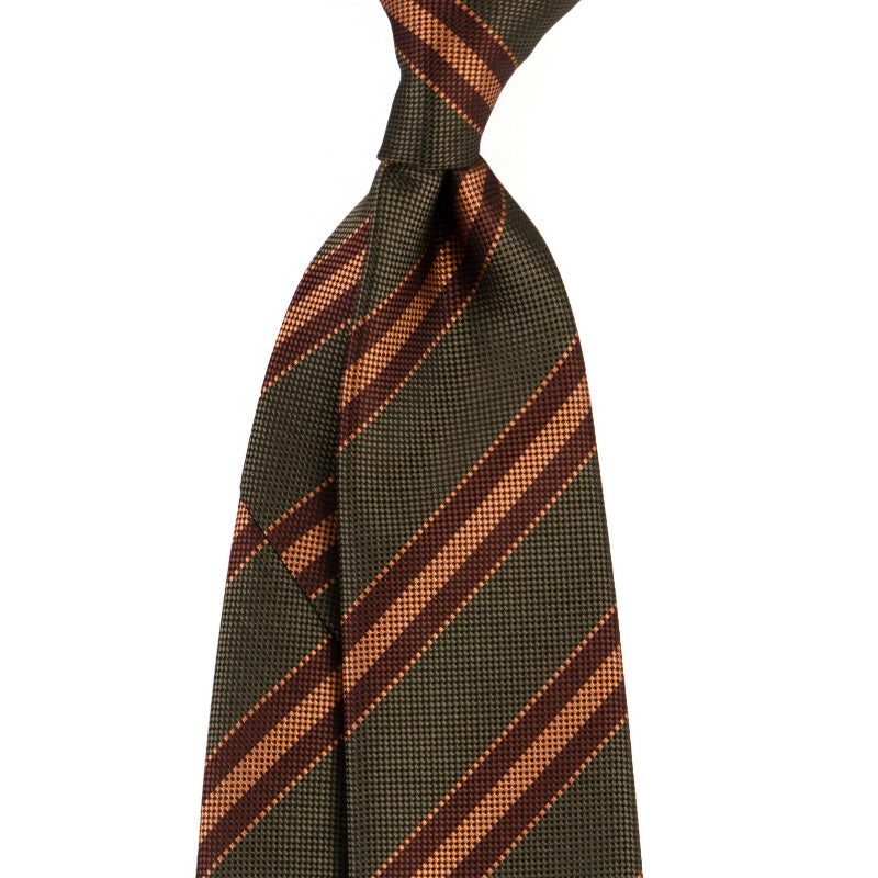 Men's tie in olive with orange diagonal plaid stripe pattern