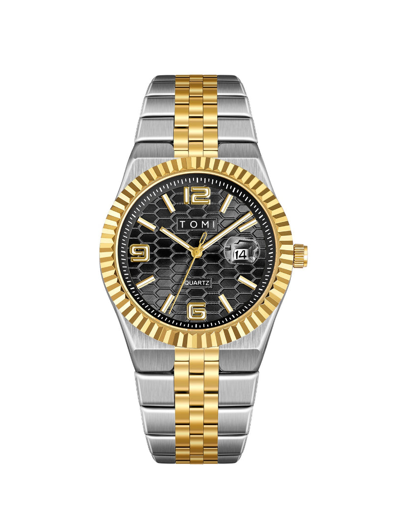 Men's quartz dress watch with silver metal bracelet, black dial and gold accents