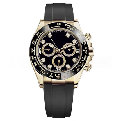 Mechanical wristwatch on black rubber strap, gold-tone case; black dial with 3 subdials