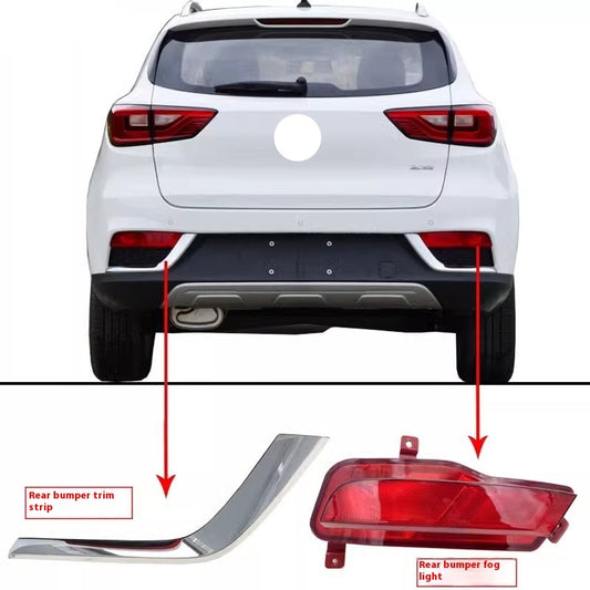 White car with rear bumper trim strip and fog light on a white background